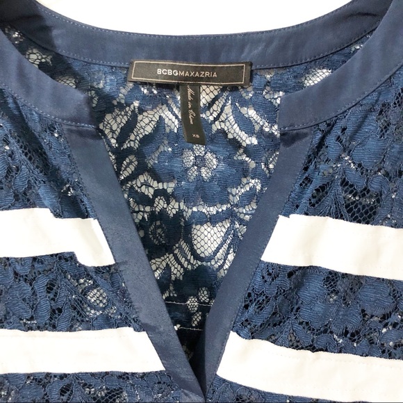 BCBG MaxAzria Lace and Fabric Stripe Shift Dress Three Quarter Sleeve Navy White - Picture 5 of 8